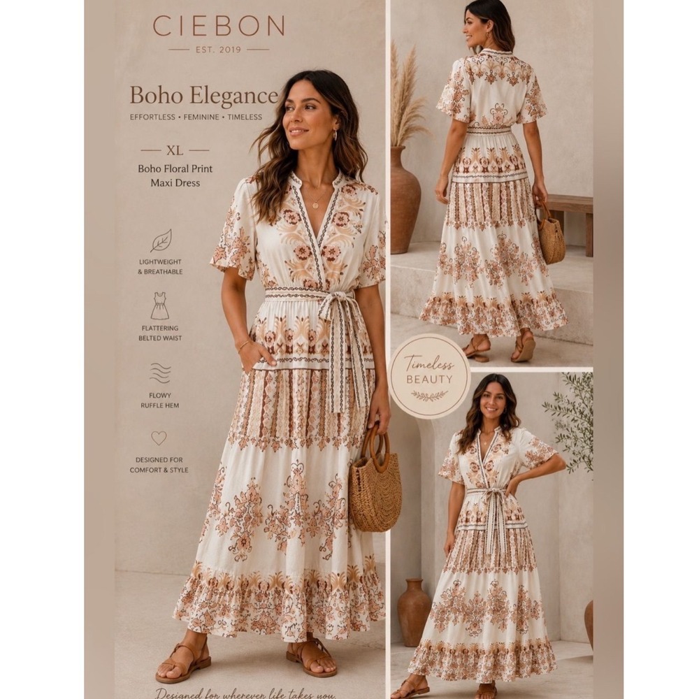 NWT* Ciebon Thessa Floral Print Tie Waist Boho Maxi Dress White Sz M Guest Event